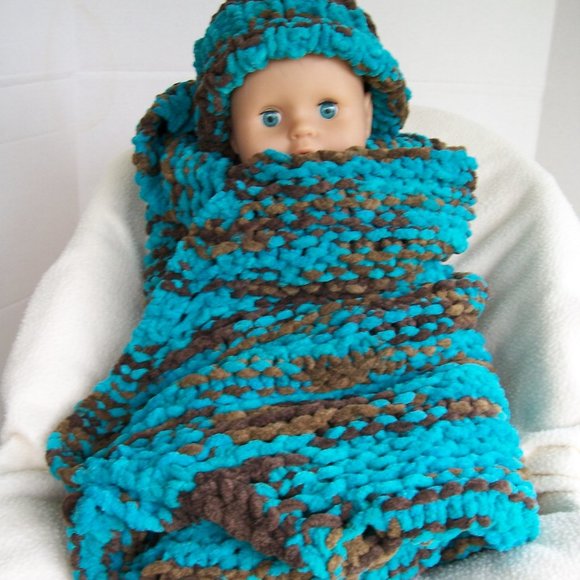Hand Crafted Baby Blanket Hat Set Turquoise Blue Brown Chunky Swaddle - Picture 5 of 10